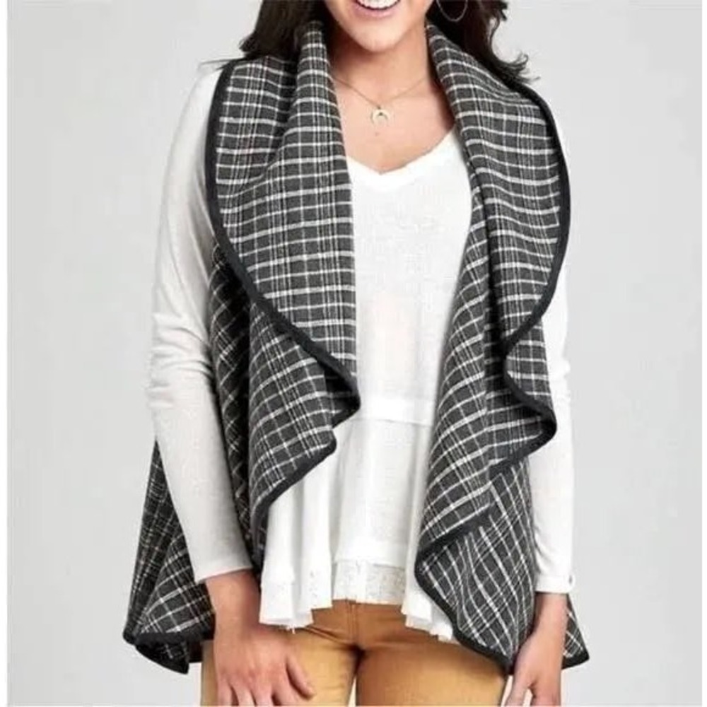 Altar'd State Womens Grey Plaid Wool Blend Draped Waterfall Open‎ Front Vest S